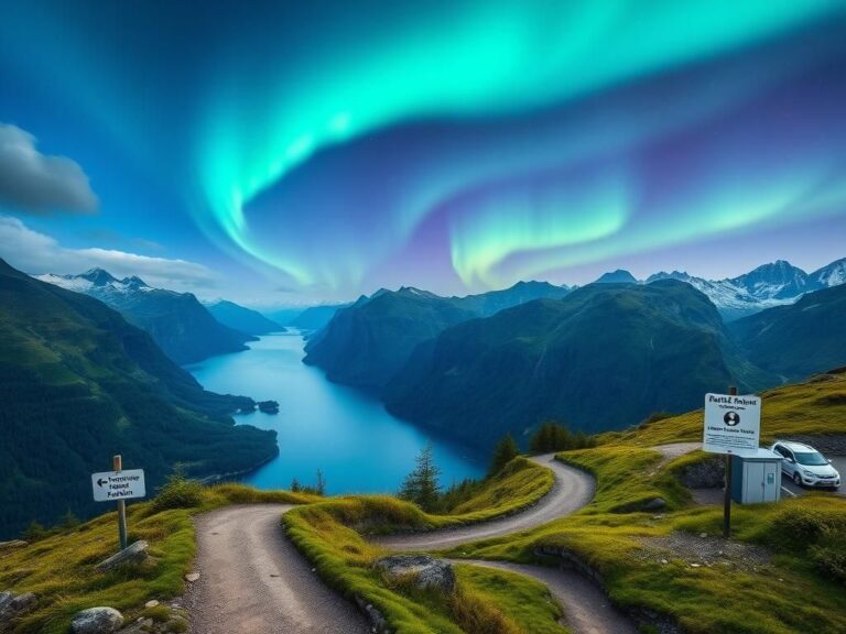 Flick International Majestic fjords and towering mountains of Norway under the Northern Lights