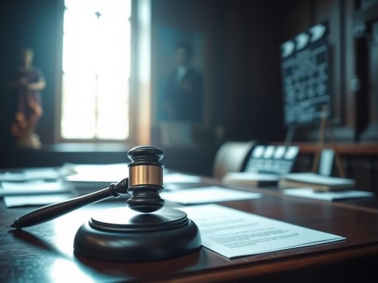 Flick International A dramatic courtroom scene featuring a gavel on a judge's bench