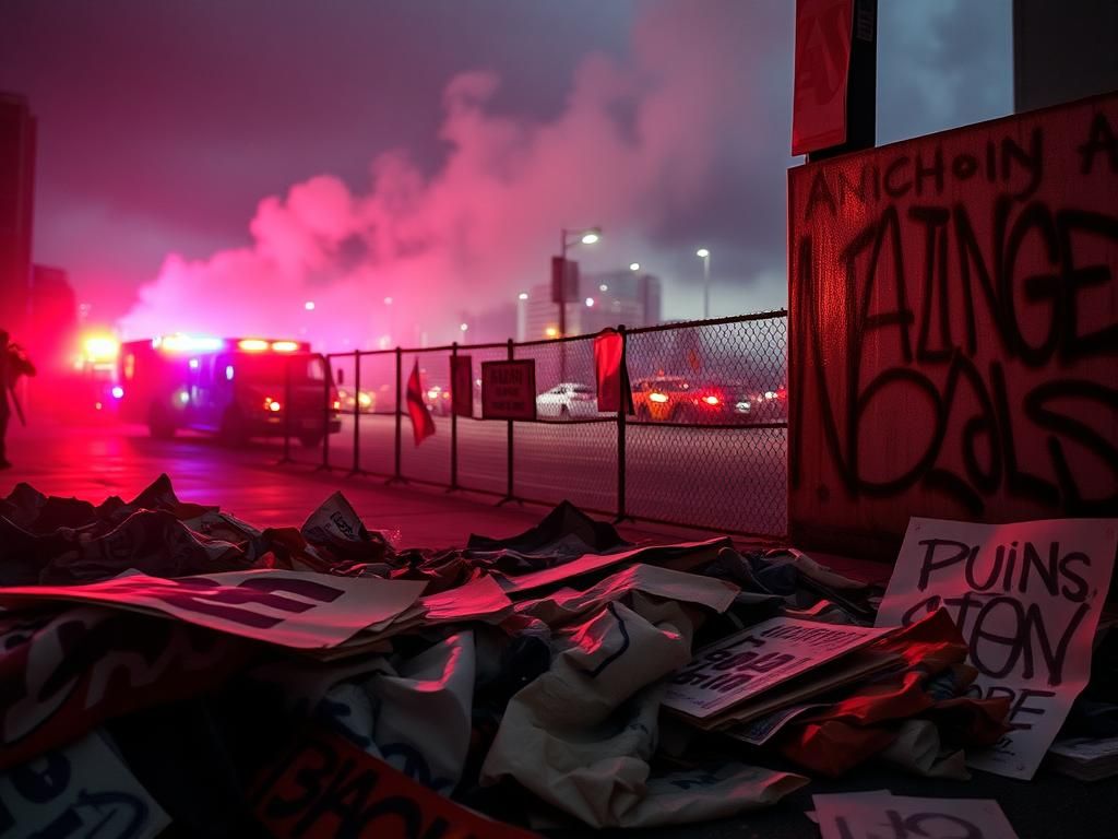 Flick International Aftermath of protests in Los Angeles with discarded signs and graffiti