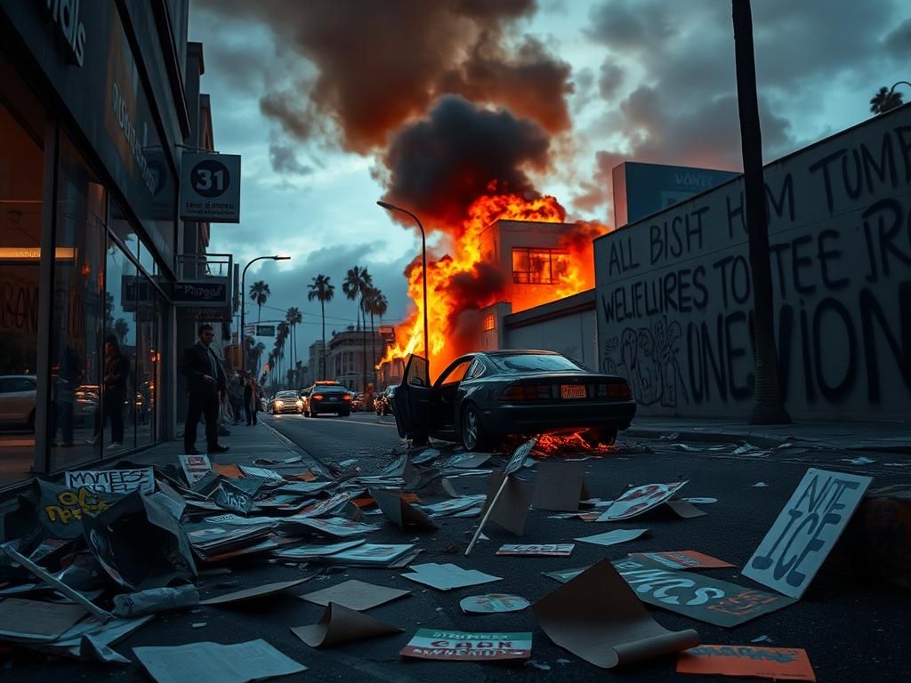Flick International Chaotic street scene in Los Angeles post-protest with shattered storefront and burning vehicle