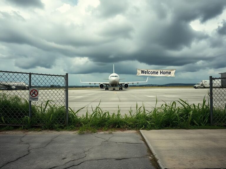 Flick International Empty airport tarmac with a large aircraft and dilapidated fence symbolizing deportation
