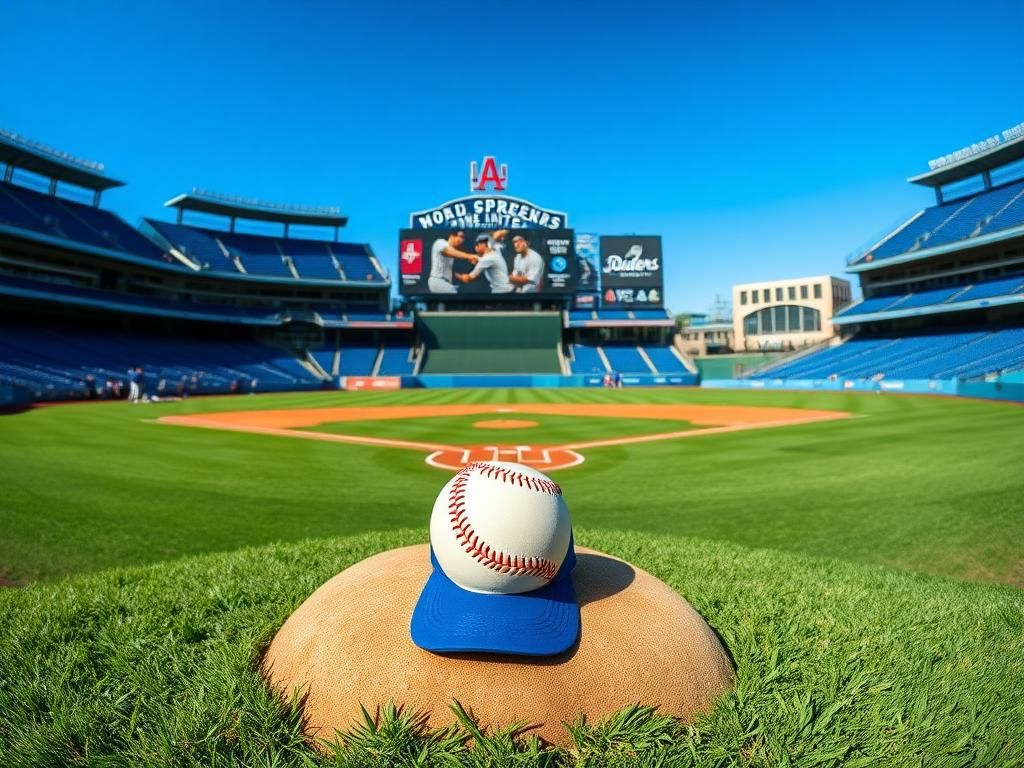 Flick International A panoramic view of an empty baseball stadium with a pitcher's mound featuring a baseball and Dodgers cap under a blue sky
