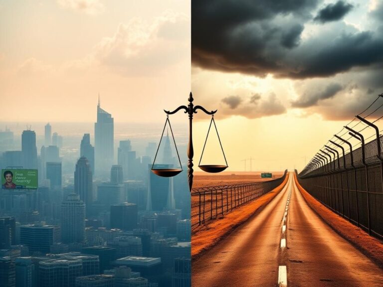Flick International Split scene representing the immigration debate with contrasting urban and barren landscapes