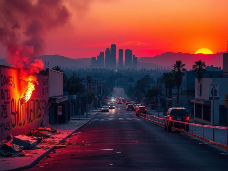 Flick International Los Angeles urban landscape showing signs of unrest and chaos during immigration riots