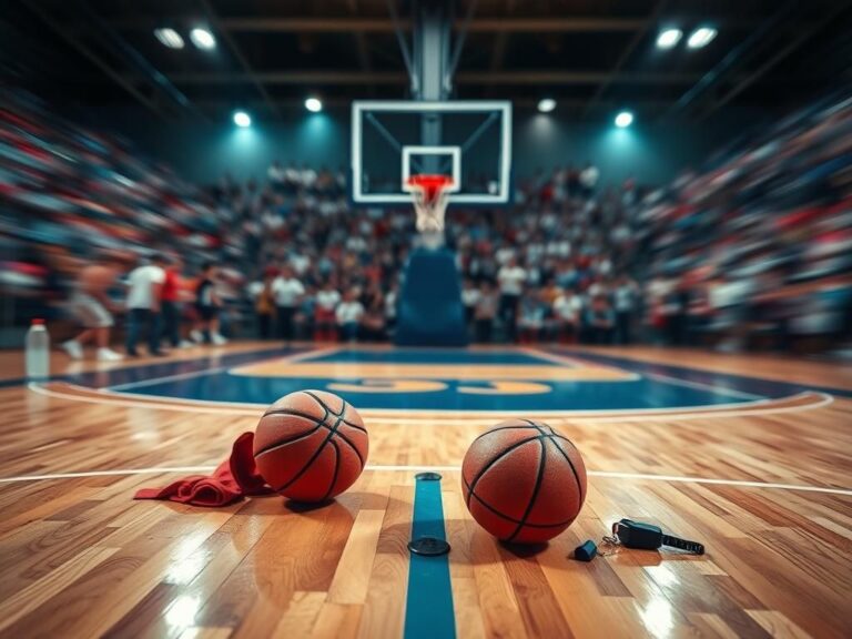 Flick International Dynamic basketball scene showcasing the physicality of the game with a prominent basketball hoop and a basketball on the court.