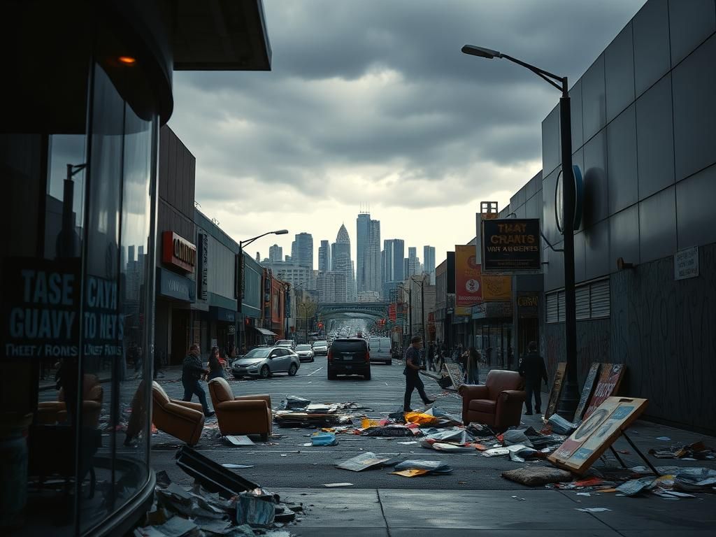 Flick International aftermath of unrest in downtown Los Angeles with protest signs and graffiti