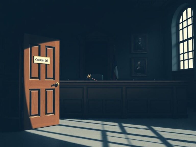 Flick International Dimly lit courtroom scene featuring an empty judge's bench and gavel