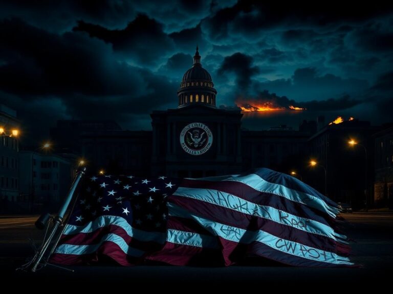 Flick International Night scene of a dark cityscape featuring a large government building and symbolizing unrest