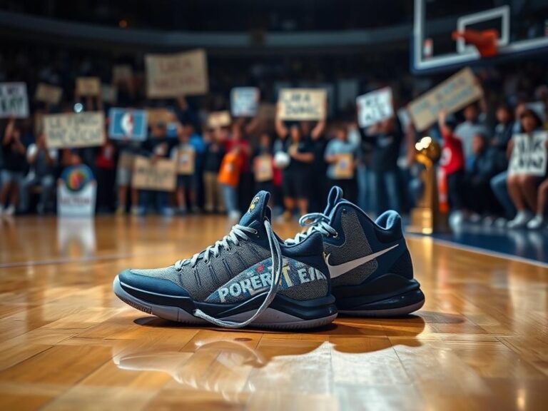 Flick International A close-up of Luka Doncic's signature Nike basketball shoes on a polished wooden court