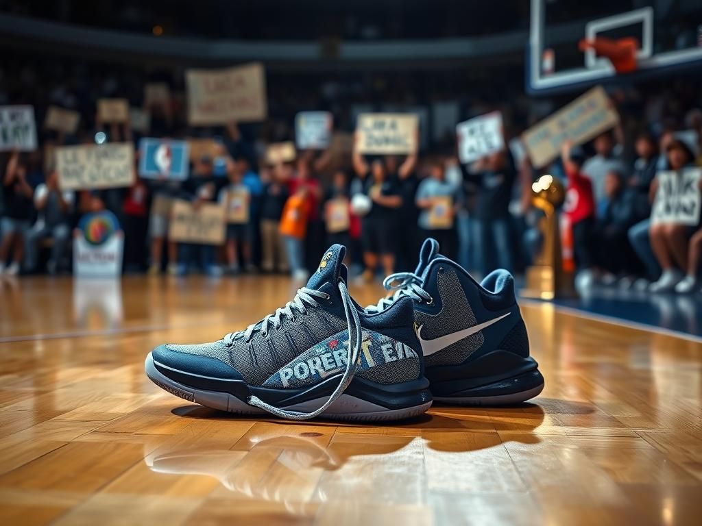 Flick International A close-up of Luka Doncic's signature Nike basketball shoes on a polished wooden court