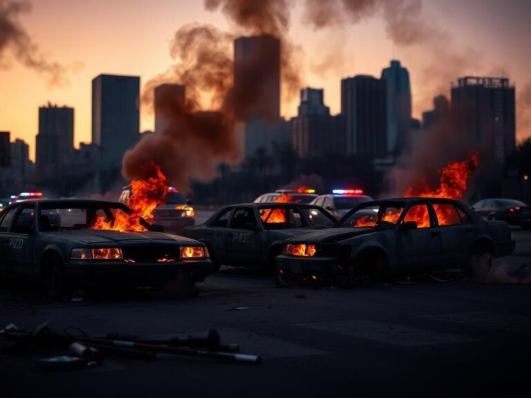 Flick International Charred cars in downtown Los Angeles amidst unrest and smoke