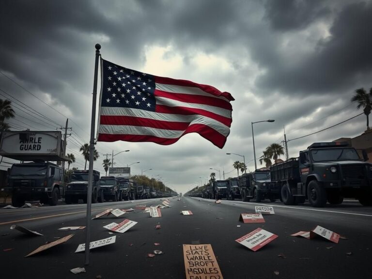 Flick International A desolate city street in Los Angeles with National Guard vehicles parked along the side, under an overcast sky