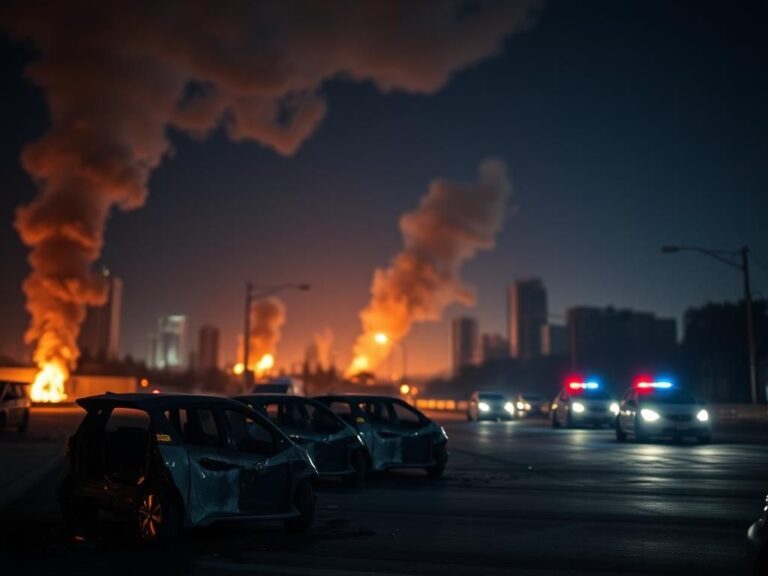 Flick International Dramatic nighttime cityscape of Los Angeles with smoke and fiery explosions
