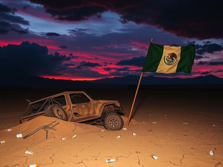 Flick International A weathered, abandoned vehicle in a desolate desert landscape at dusk, symbolizing drug trafficking chaos.