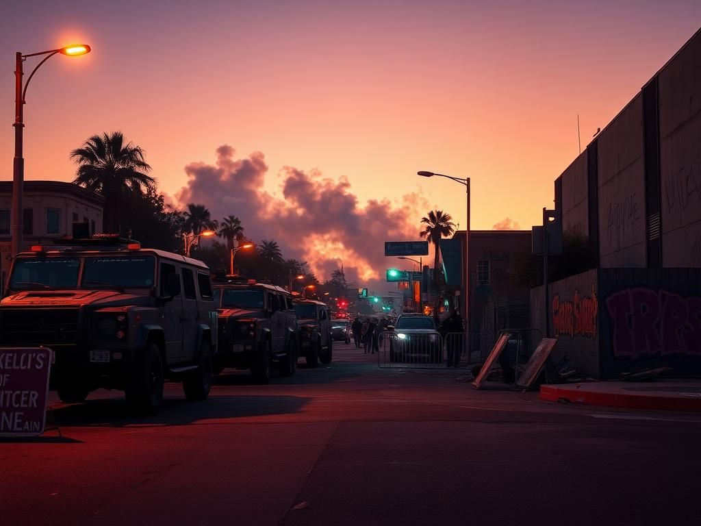 Flick International Row of National Guard vehicles parked on a street in Los Angeles amid protest remnants