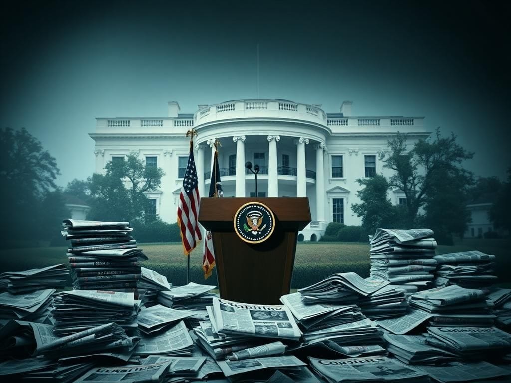 Flick International Empty press conference podium with U.S. flag and discarded newspapers symbolizing media scrutiny