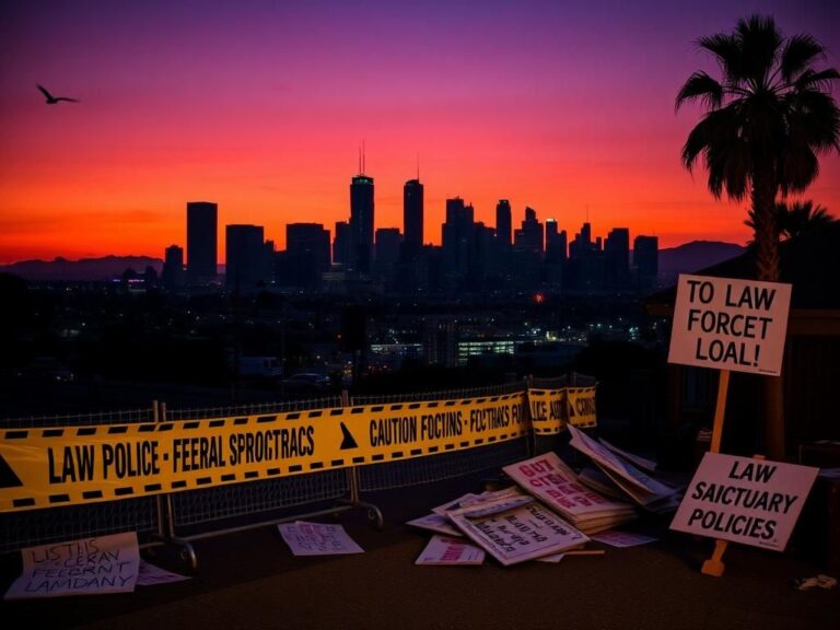 Flick International Dramatic sunset over the Los Angeles skyline with police barricades symbolizing conflict