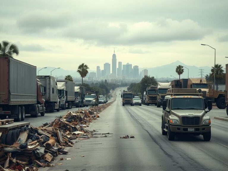 Flick International Wide-angle view of a tense urban landscape in Los Angeles during anti-immigration riots, featuring military vehicles and barricades