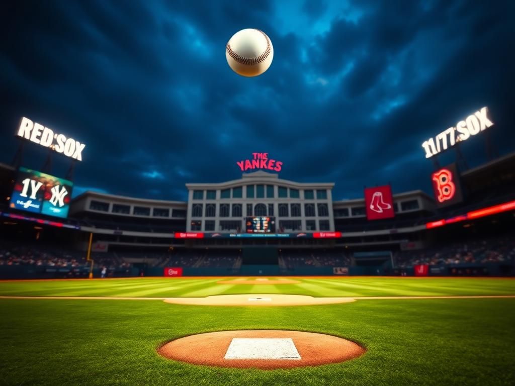 Flick International Baseball soaring high above Yankee Stadium during twilight