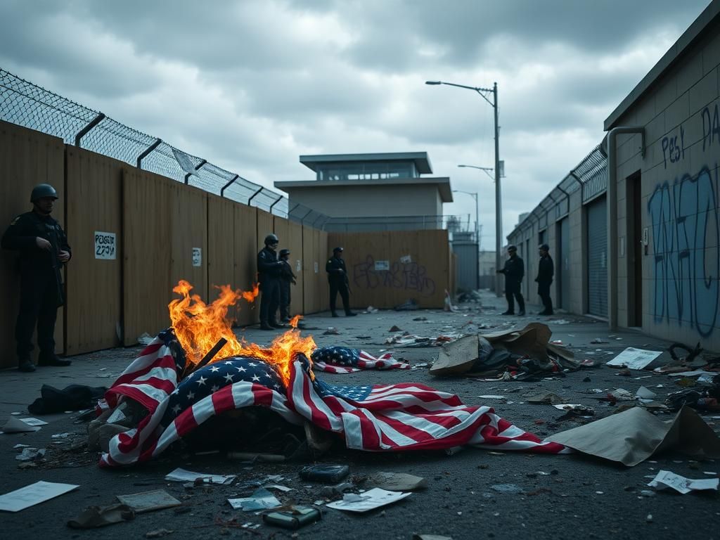 Flick International Chaotic aftermath of protests with burnt flags and graffiti outside a detention center