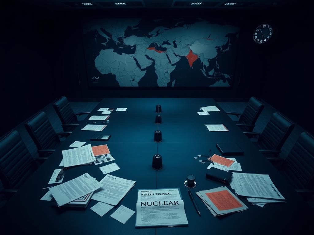 Flick International A dramatic overhead view of a negotiation table with documents and a map of the Middle East.