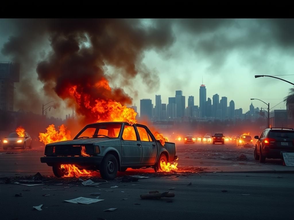 Flick International Burnt-out vehicle on fire in Los Angeles amidst riots and unrest