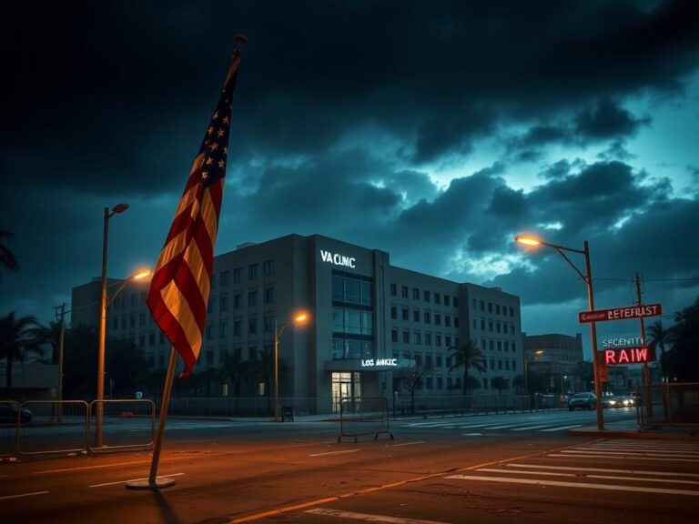 Flick International A deserted VA clinic in Los Angeles amid chaotic urban unrest, highlighted by a tattered American flag in the foreground.