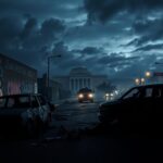 Flick International Charred vehicles and graffiti on a dimly lit Los Angeles street after protests