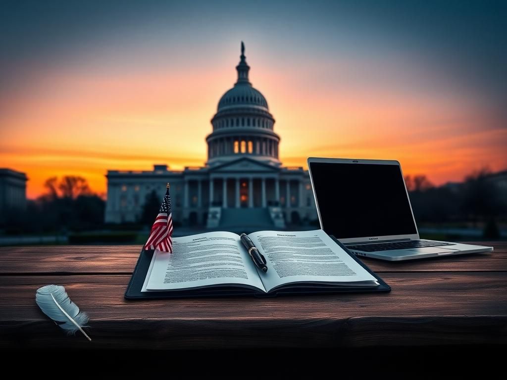 Flick International Detailed composition of the United States Capitol building at dusk with a wooden desk and American flag