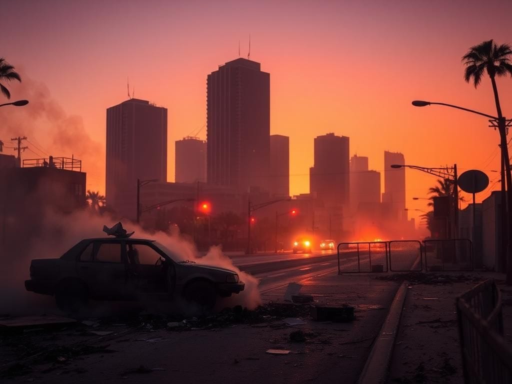 Flick International Aftermath of LA riots depicting a burned car amidst debris