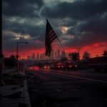 Flick International Charred American flag hanging from a pole amidst urban unrest in Los Angeles