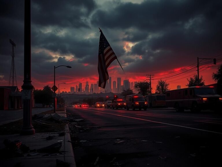 Flick International Charred American flag hanging from a pole amidst urban unrest in Los Angeles