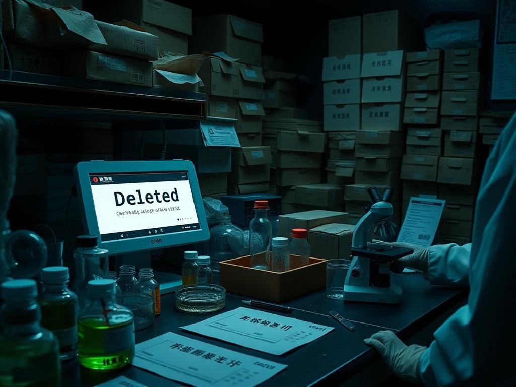 Flick International Close-up of a cluttered laboratory workbench with scientific equipment and biological specimens.