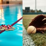 Flick International A serene swimming pool with vibrant blue waters and a collection of swimming medals, symbolizing female athletes' achievements.