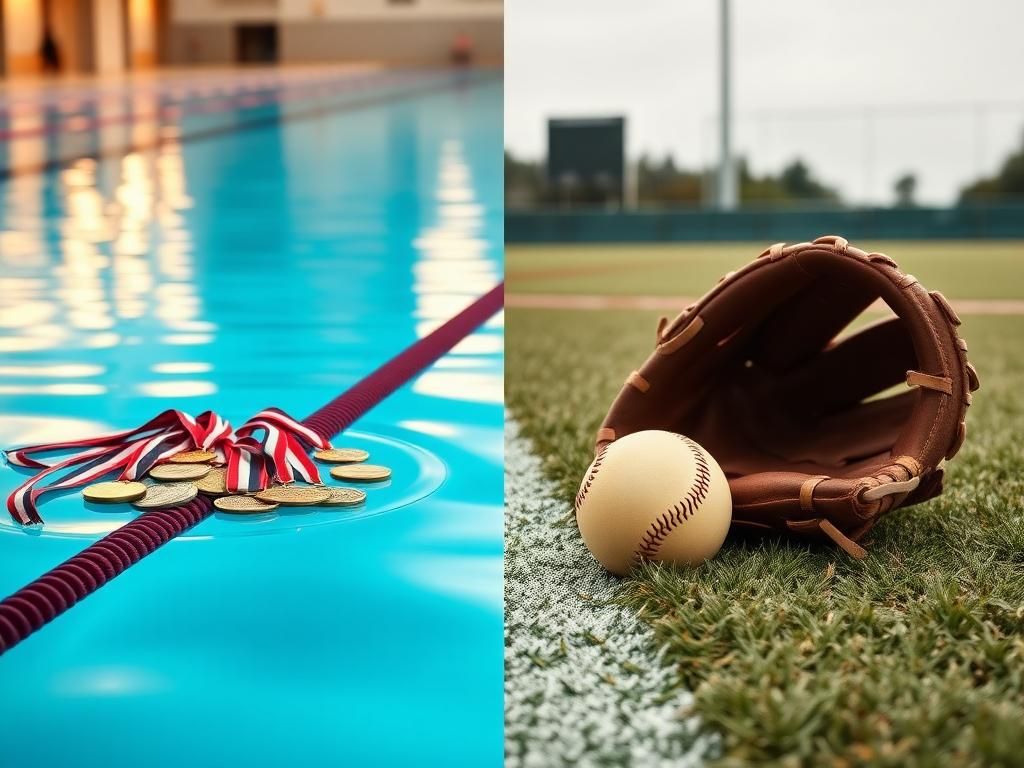 Flick International A serene swimming pool with vibrant blue waters and a collection of swimming medals, symbolizing female athletes' achievements.