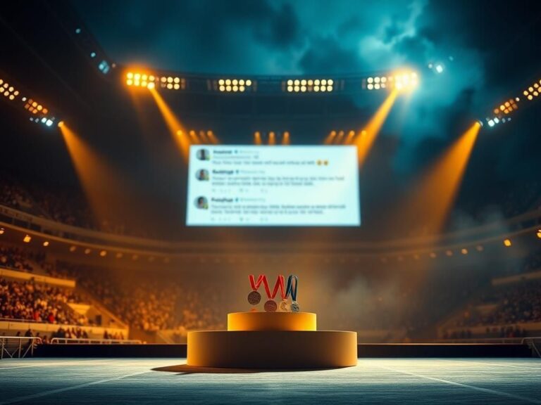 Flick International Dramatic image of a vacant sports arena with a spotlight on a podium featuring medals