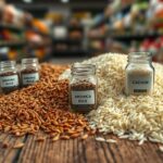 Flick International Close-up view of various rice grains including brown and white rice, with jars labeled arsenic and cadmium on a wooden table