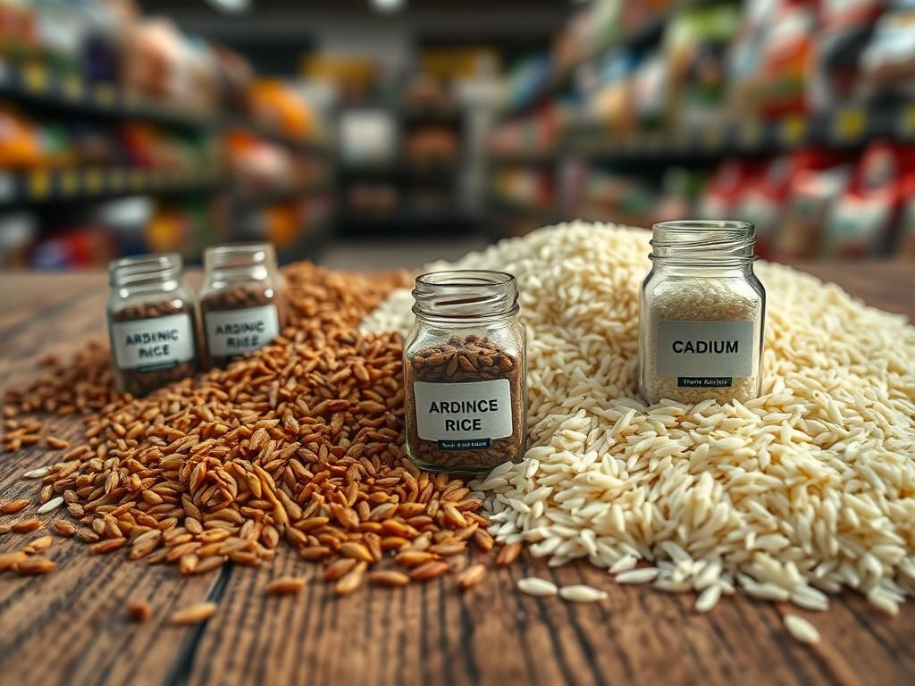 Flick International Close-up view of various rice grains including brown and white rice, with jars labeled arsenic and cadmium on a wooden table