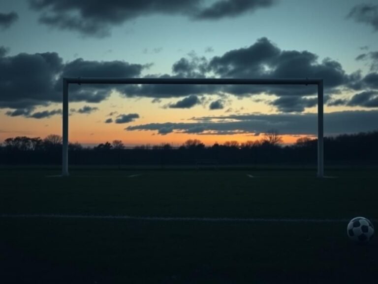 Flick International A somber soccer field at dusk with empty goal posts and an abandoned ball