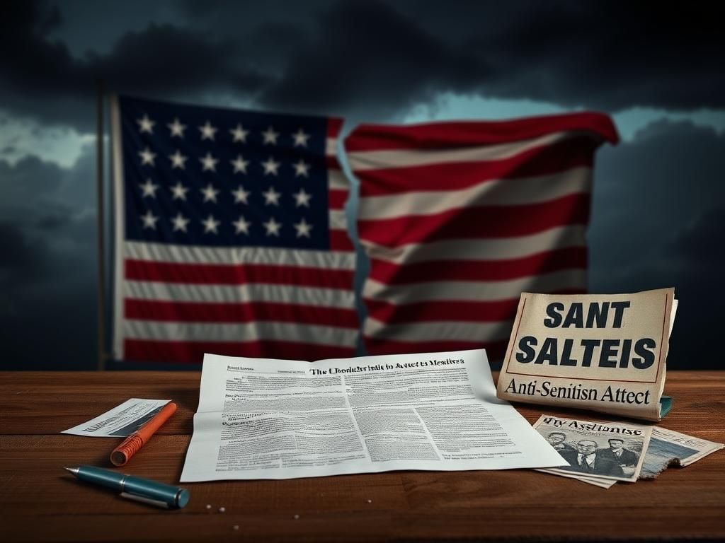 Flick International A fractured American flag with dark storm clouds, symbolizing division