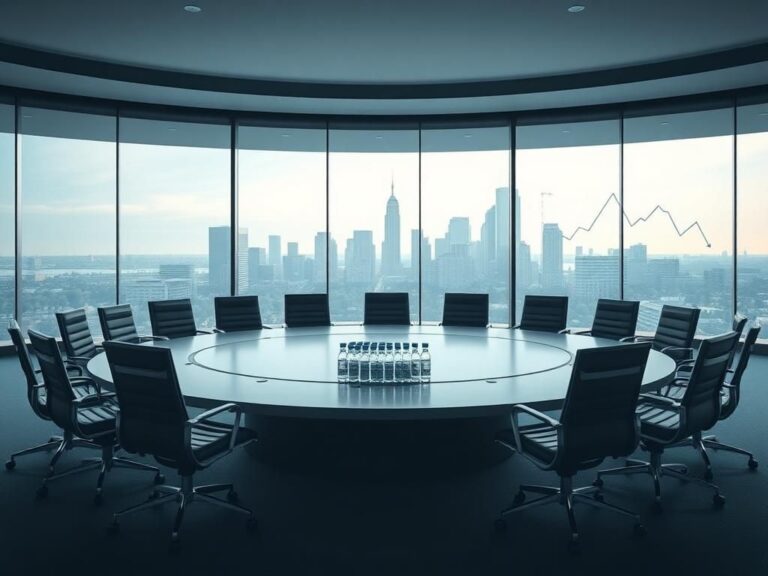 Flick International Empty conference room with a round table and vaccine vials symbolizing public trust challenges