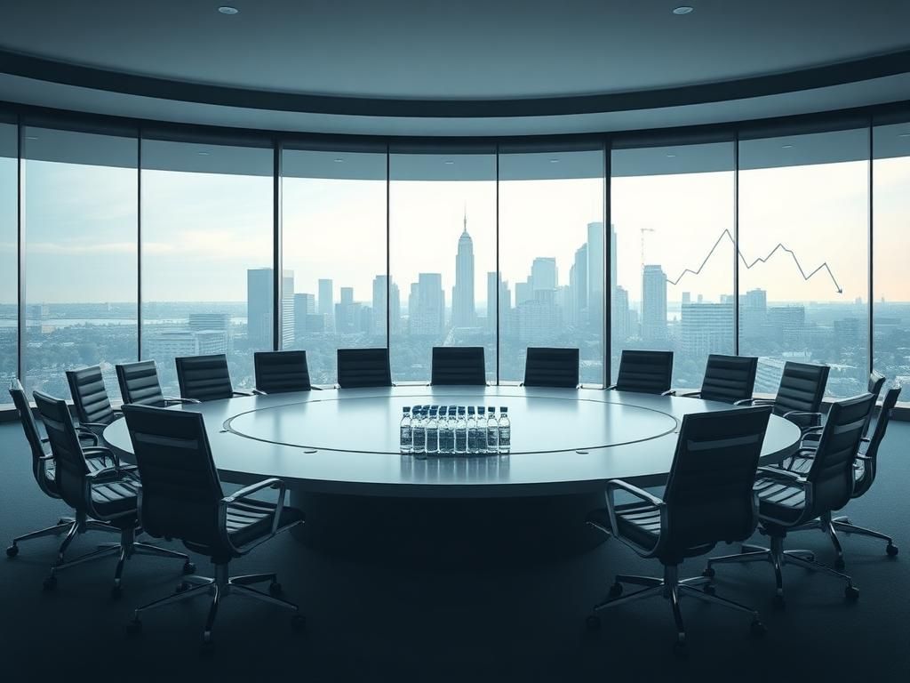 Flick International Empty conference room with a round table and vaccine vials symbolizing public trust challenges