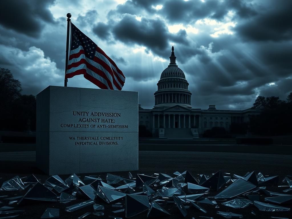 Flick International A symbolic marble pedestal with an engraved message about unity, partially covered by a tattered American flag, representing political division