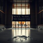 Flick International Empty Trump Tower lobby with protest signs and a dark banner