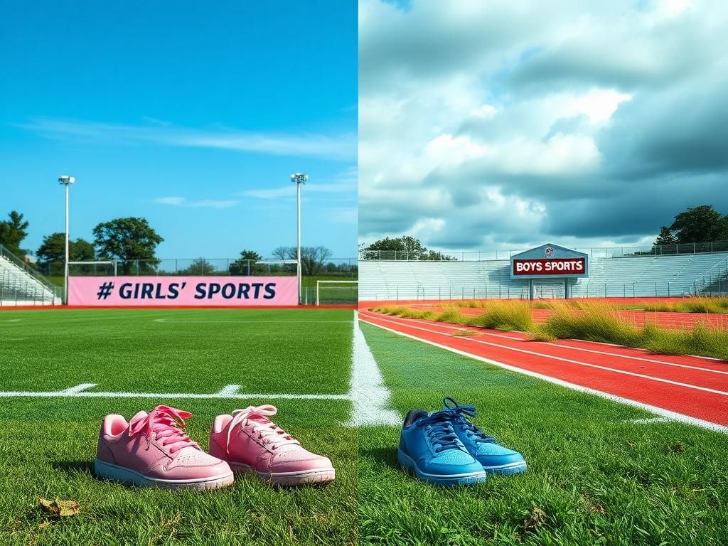 Flick International A divided sports field representing the gender identity debate in athletics, with contrasting signs for girls' and boys' sports.
