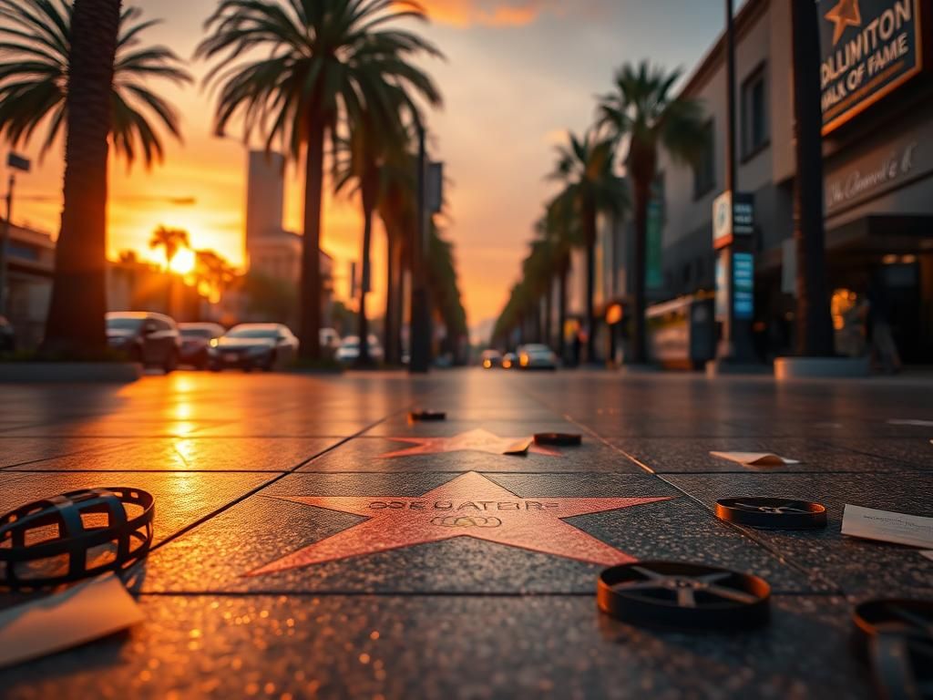 Flick International A wide-angle view of the Hollywood Walk of Fame at sunset featuring Christian Slater's star