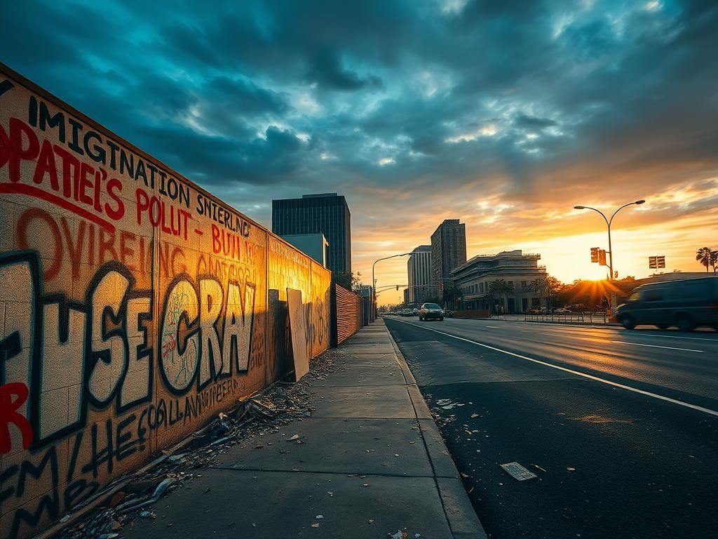 Flick International Urban landscape of Los Angeles showing graffiti messages and a deserted street post-riots