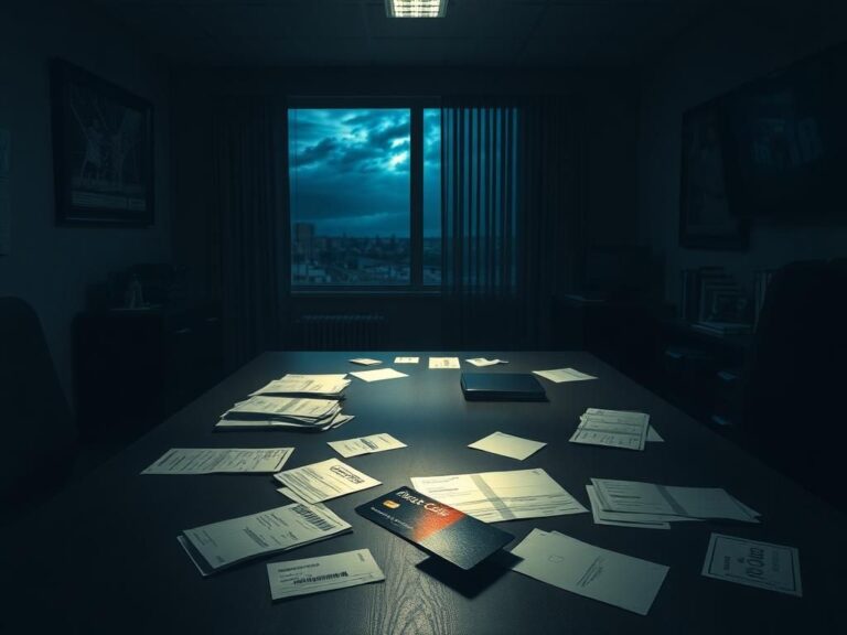 Flick International A shadowy office environment with a cluttered desk, travel vouchers, and a corporate credit card amid sports memorabilia