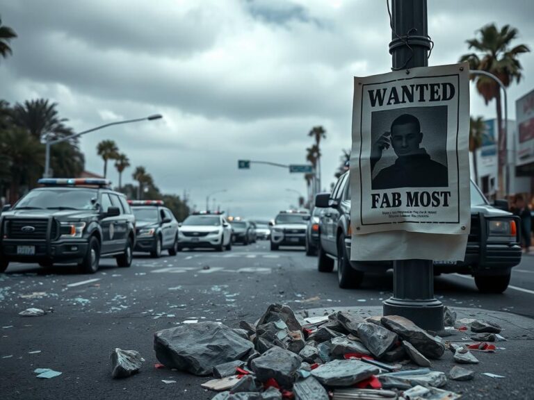 Flick International A street scene in Los Angeles showing damaged law enforcement vehicles and scattered debris from protests