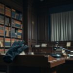 Flick International Dramatic courtroom scene with empty podium and gloves